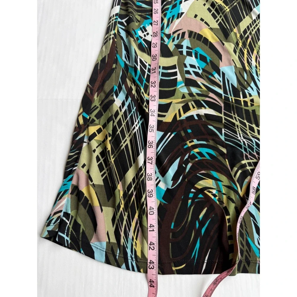 Serenade New York Abstract Print Midi Dress Cap Sleeve Keyhole Neck Green Small